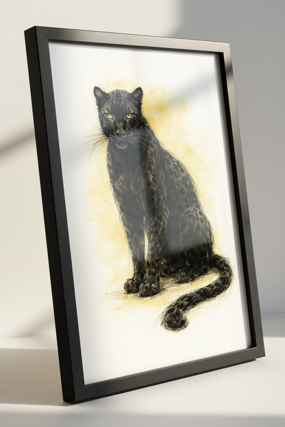Watercolor Black Panther Wall Art Print | Jungle Home Decor | Wildlife Animal Poster | Yellow &amp; Black | Digital &amp; Framed Options