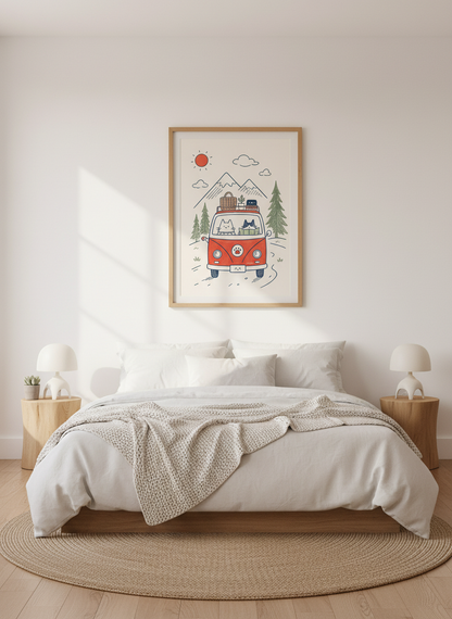 Cats Road Trip Wall Art | Cute Orange Camper Van Poster | Mountain Nursery Decor