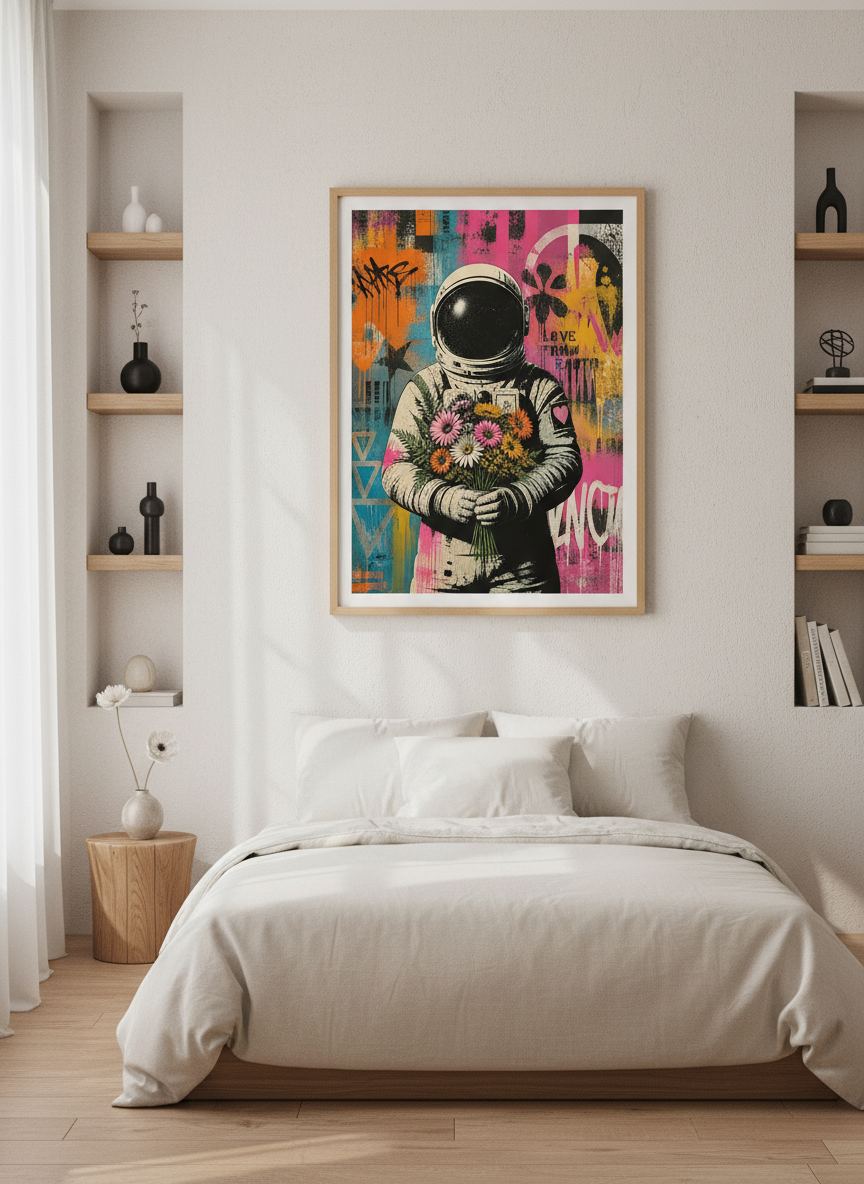 Astronaut with Flowers Street Art | Graffiti Pop Poster, Gamer Room Decor