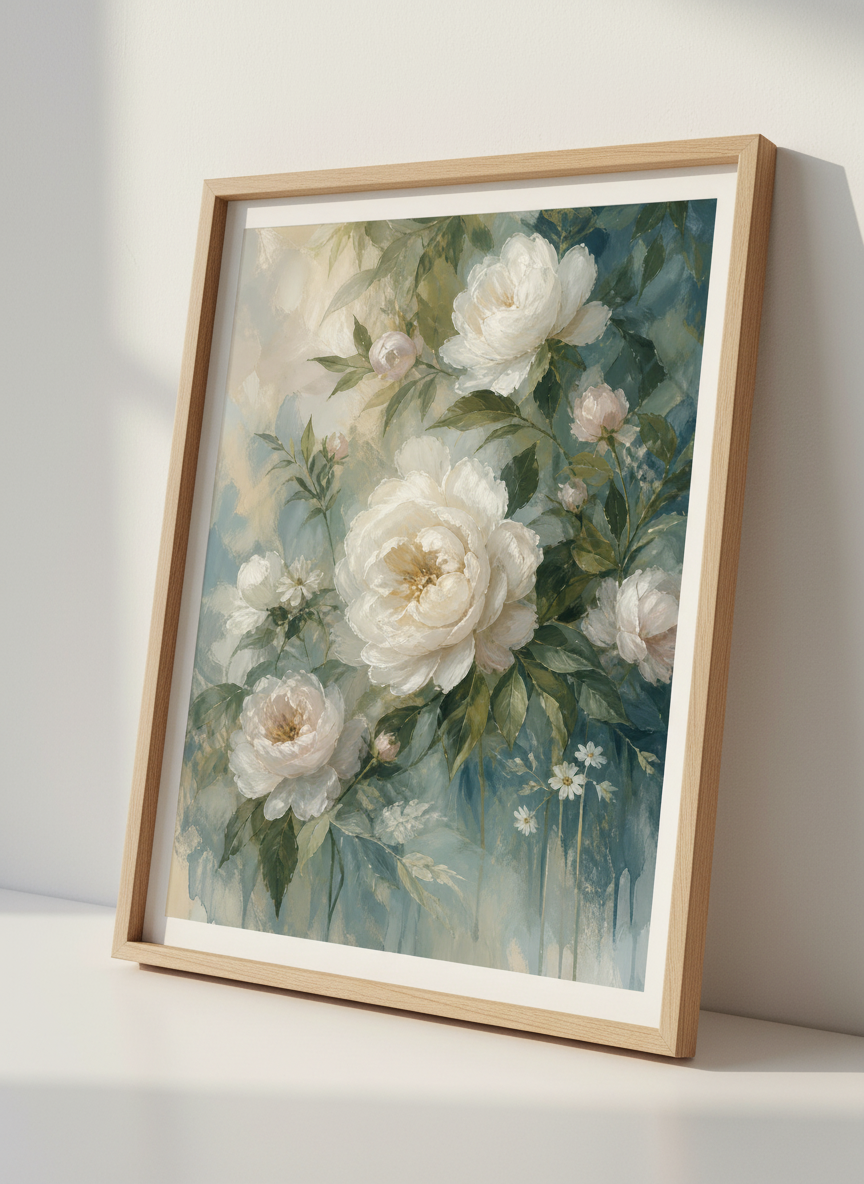 White Peony Floral Wall Art | Teal &amp; Sage Botanical Print, Bedroom Decor