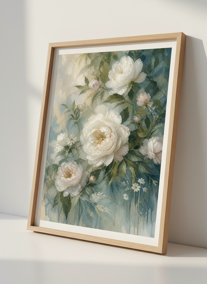 White Peony Floral Wall Art | Teal &amp; Sage Botanical Print, Bedroom Decor