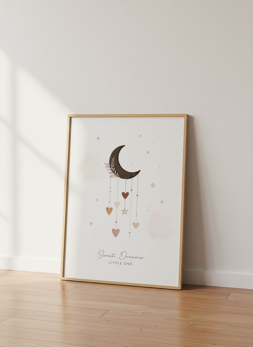 Boho Moon &amp; Stars Nursery Wall Art | Earthy Watercolor Decor | Sweet Dreams Poster