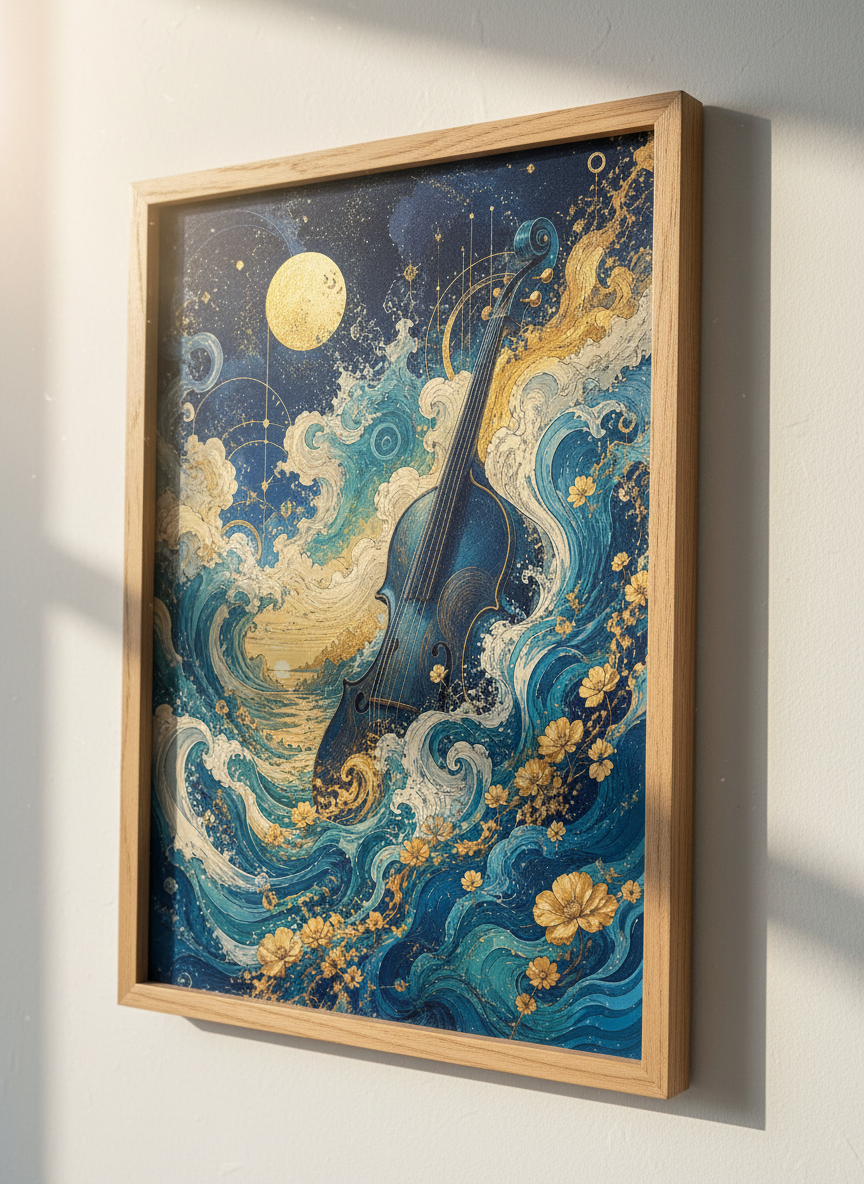 Surreal Violin Ocean Waves Wall Art | Gold &amp; Navy Celestial Music Decor | Fantasy Poster