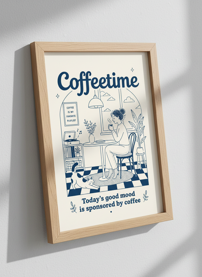 Coffetime Retro Line Art Print | Navy Kitchen Decor | Cozy Coffee Lover Poster