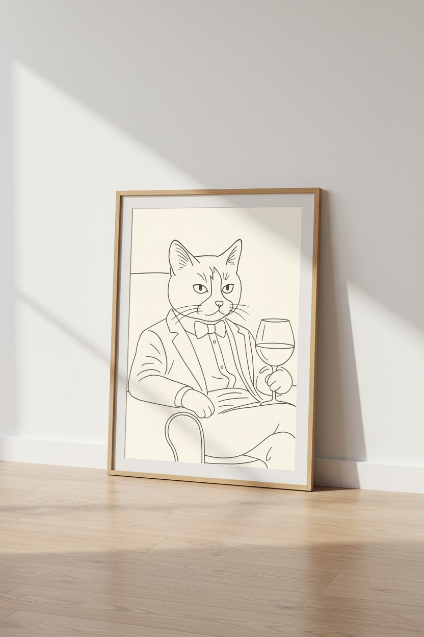 Minimalist Dapper Cat Framed Wall Art | Bar Cart Decor | Sophisticated Animal Poster | Ready to Hang Art Print