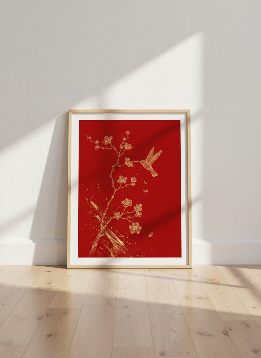 Gold Hummingbird &amp; Cherry Blossom Art | Red Floral Wall Decor | Chinoiserie Poster