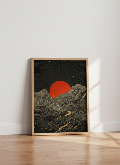 Red Sun &amp; Gold Waves Wall Art | Japanese Style Landscape | Celestial Zen Poster