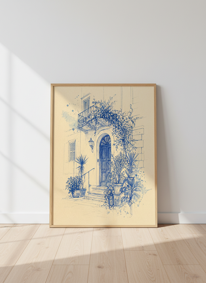 Mediterranean Doorway Sketch | Blue Ink Architecture Art, Living Room Poster