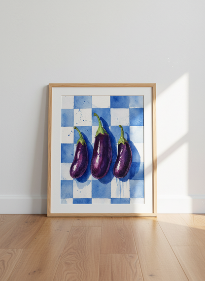 Eggplant Watercolor Print | Purple Kitchen Wall Art, Blue Checkered Poster