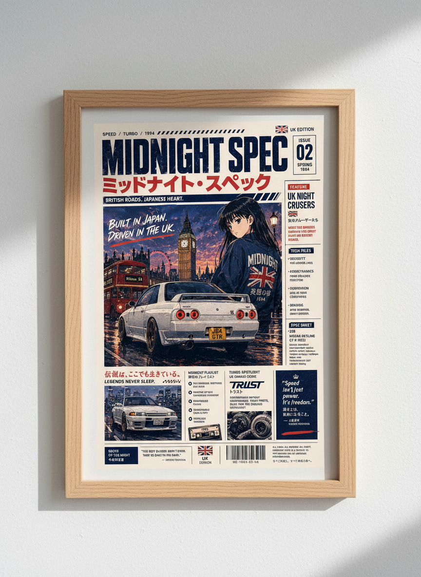JDM Skyline R32 GTR Anime Girl Art | UK Street Car Poster | Retro 90s Car Decor
