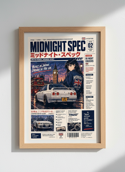 JDM Skyline R32 GTR Anime Girl Art | UK Street Car Poster | Retro 90s Car Decor