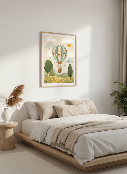 Bunny Hot Air Balloon Nursery Wall Art | Sage Green &amp; Blue Decor | Whimsical Poster