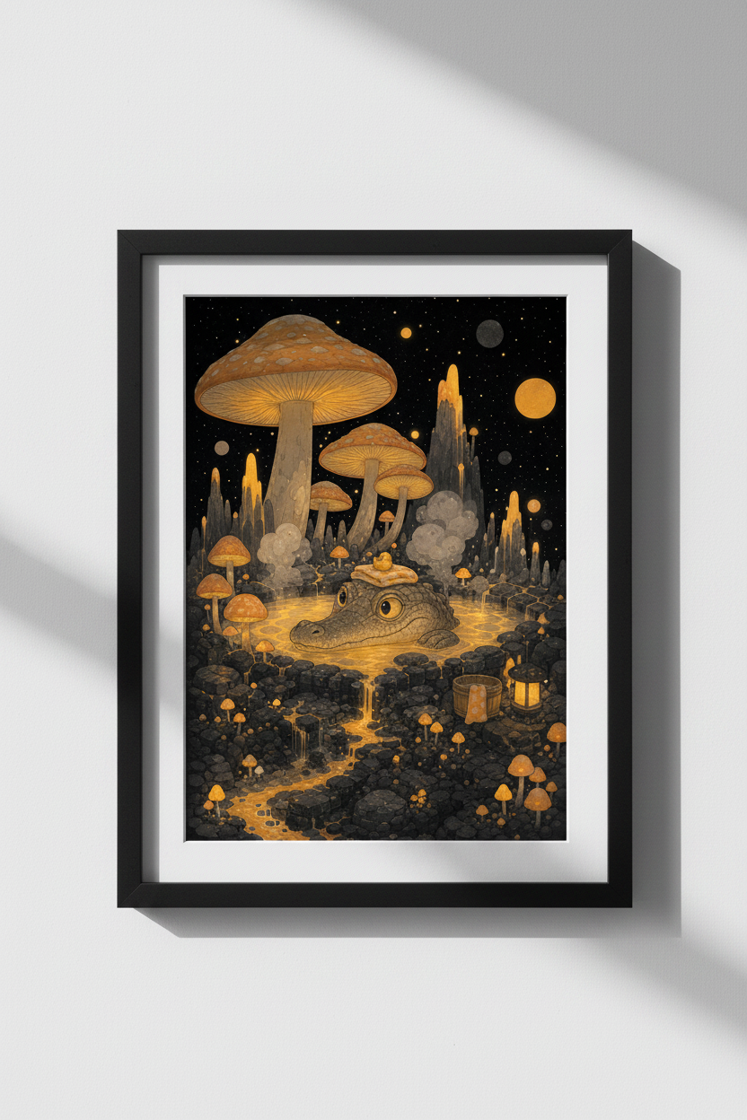 Mushroom Fantasy Art | Whimsical Golden Nightscape, Nursery Decor