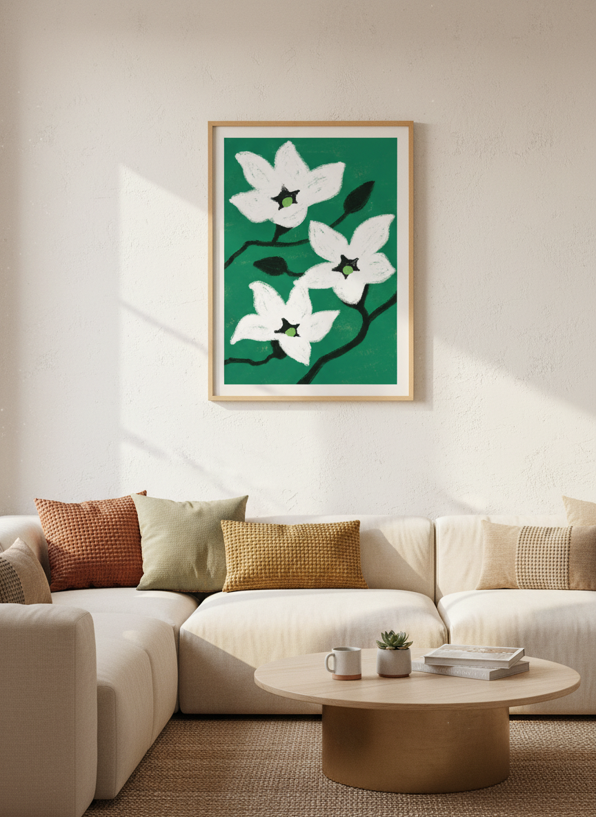 White Floral Bloom Wall Art | Emerald Green Botanical Poster | Modern Boho Decor