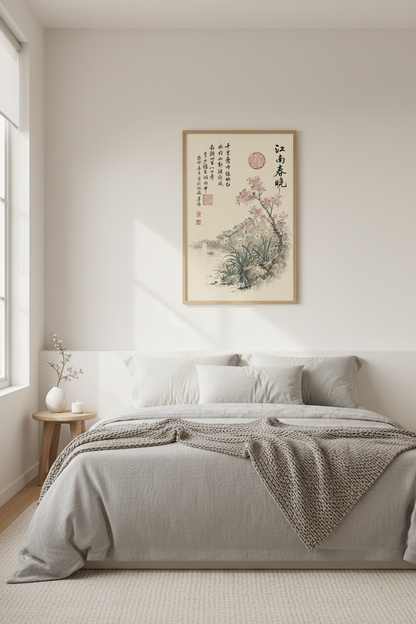 Chinese Landscape Ink Painting | Pink Floral &amp; Calligraphy, Asian Zen Decor