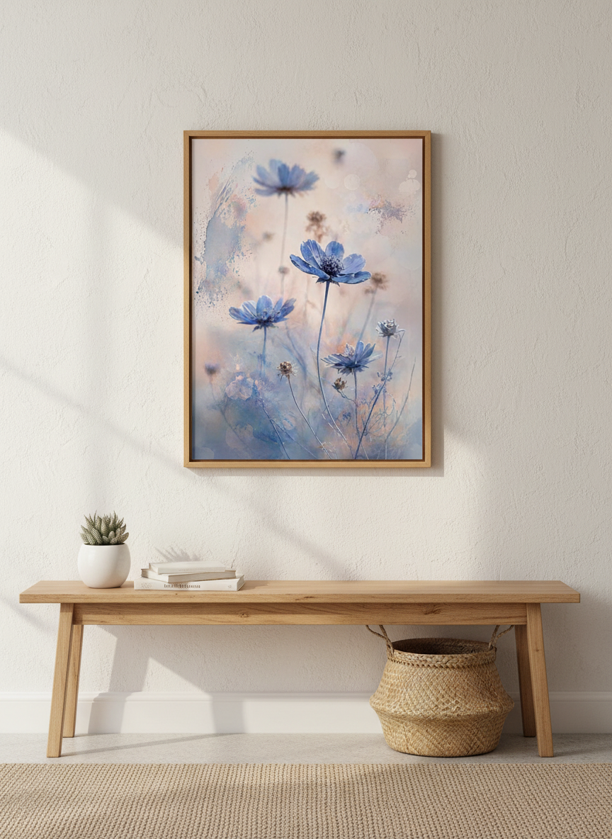 Blue Cosmos Flowers Wall Art | Boho Floral Print | Abstract Botanical Decor