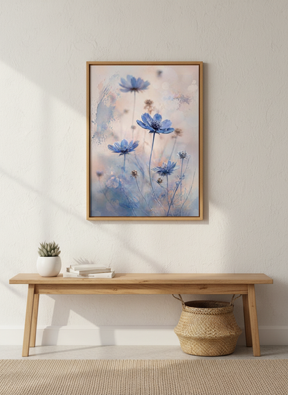 Blue Cosmos Flowers Wall Art | Boho Floral Print | Abstract Botanical Decor