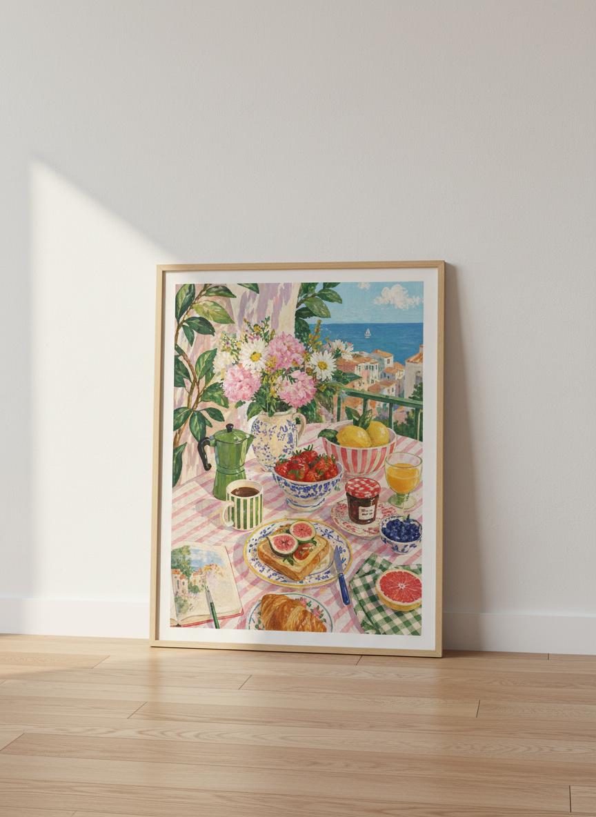 Amalfi Coast Breakfast Wall Art | Mediterranean Still Life Poster | Kitchen Decor