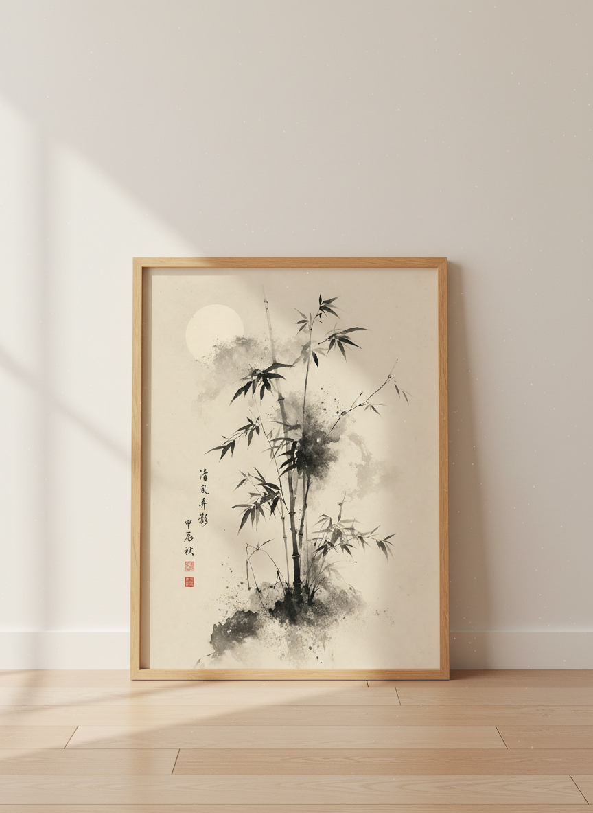 Japanese Bamboo Ink Wash Print | Zen Moon Home Decor | Minimalist Sumi-e Poster