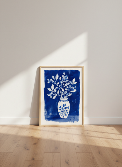 Blue Floral Vase Wall Art | Indigo Botanical Poster, Chinoiserie Decor