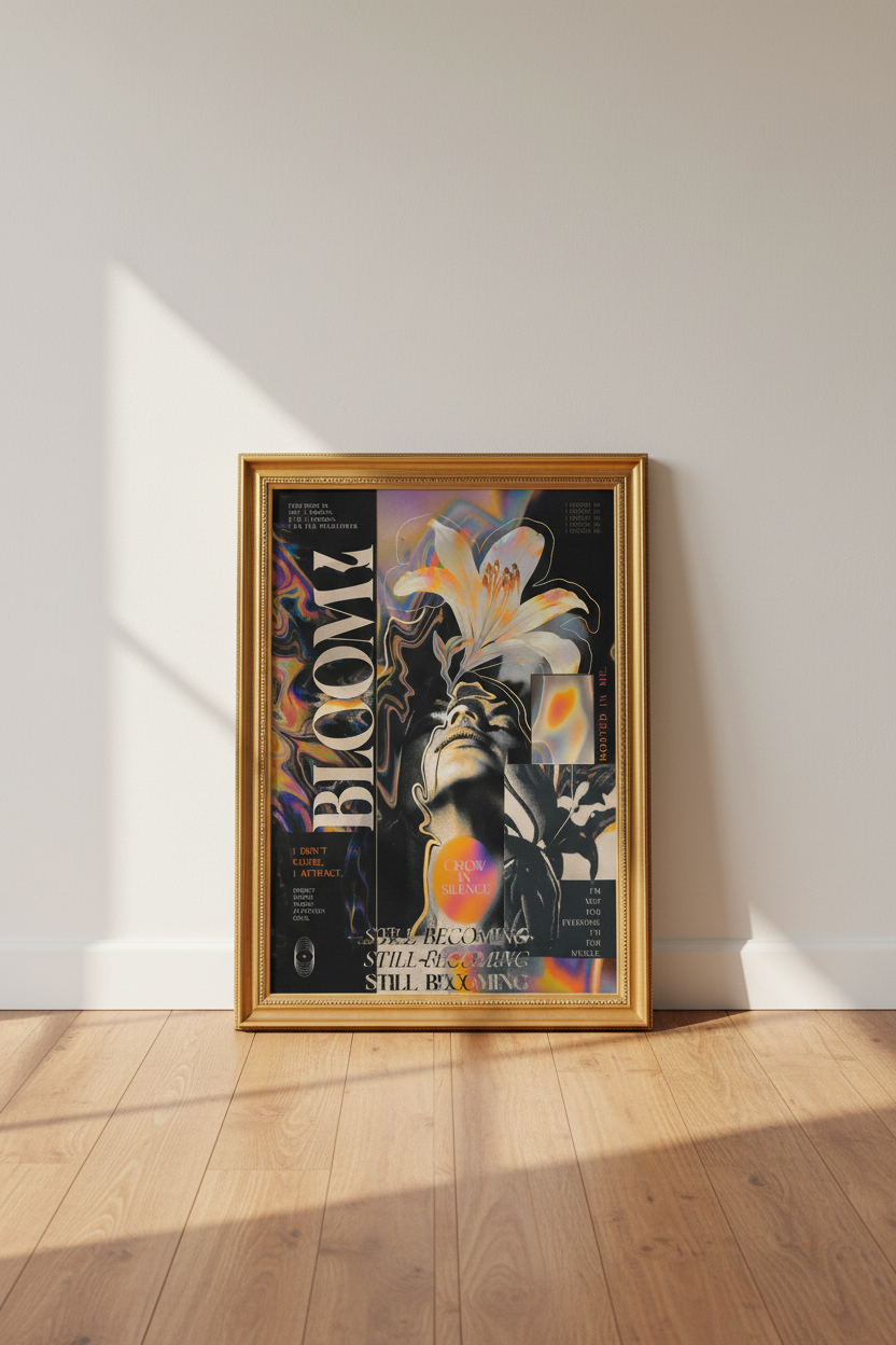 floral collage print | modern boho black gold livingroom decor