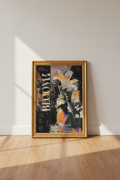 floral collage print | modern boho black gold livingroom decor