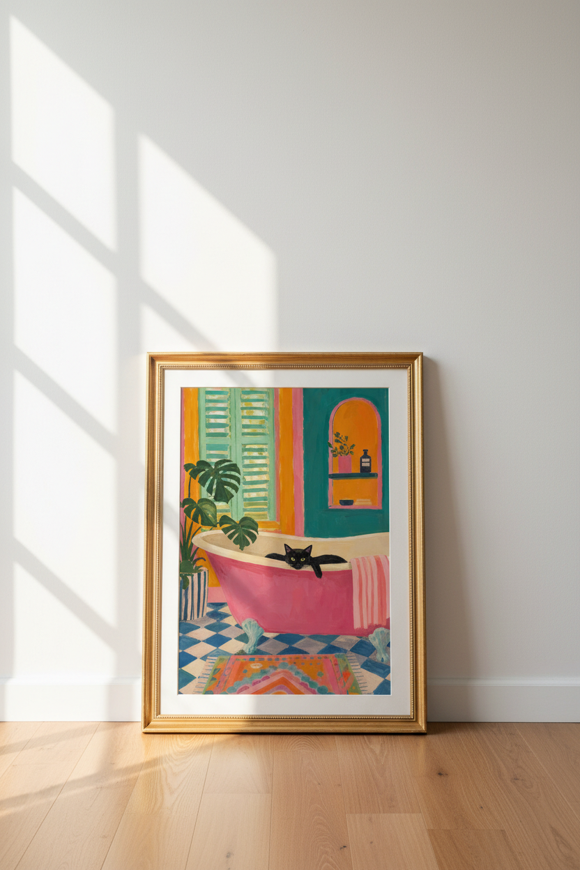 cat wall art print | colorful boho bathtub decor, bathroom poster