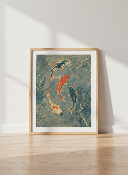 Japanese Koi Fish Wall Art Print | Teal &amp; Gold Zen Decor | Asian Style Poster