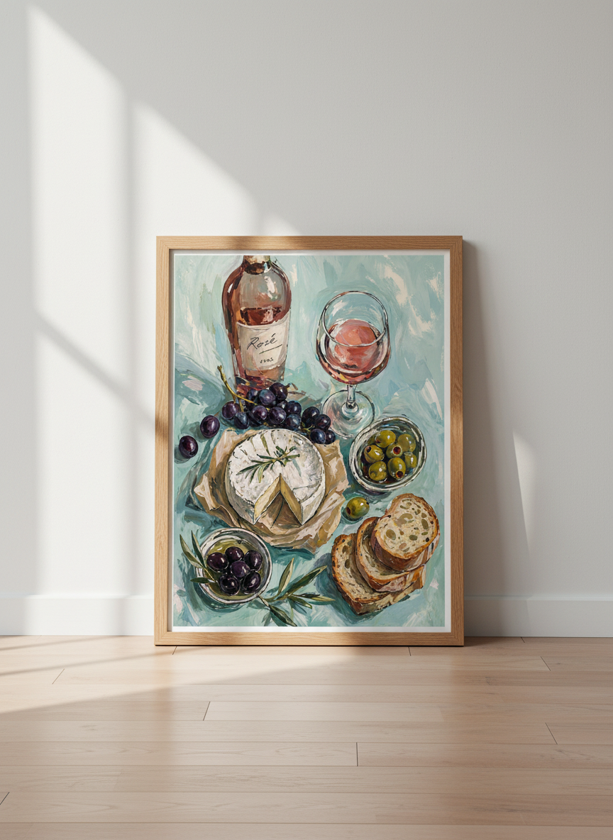 Rosé Wine &amp; Cheese Still Life Wall Art | Kitchen Decor | Impressionist Poster