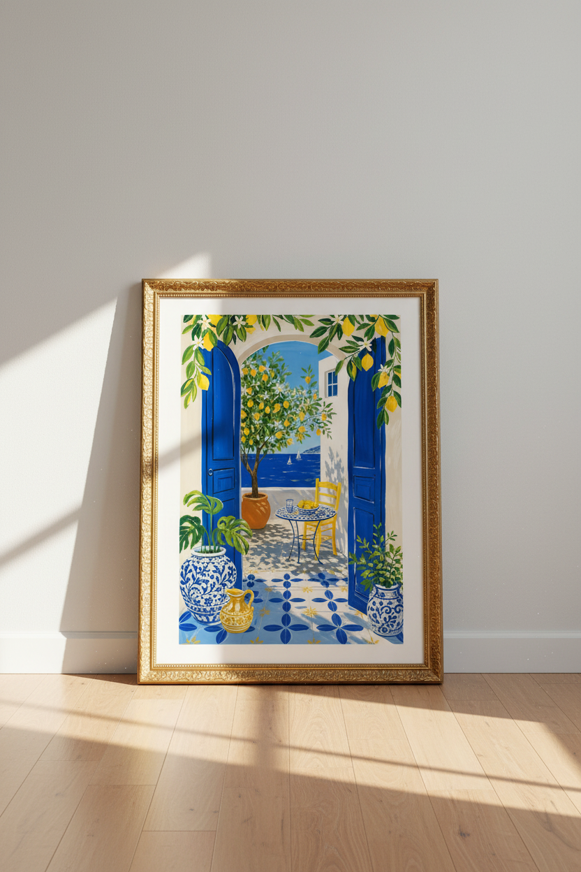 Mediterranean wall art | Lemon Terrace Blue Yellow, Kitchen Decor