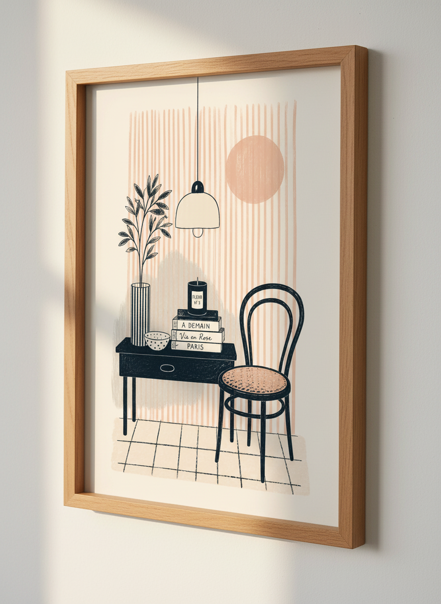 Parisian Interior Art Print | Boho French Apartment Decor | Mid-Century Modern Poster