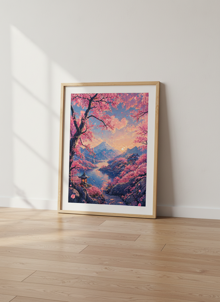 Japanese Cherry Blossom Mount Fuji Wall Art Print | Bedroom Decor | Pastel Zen Poster