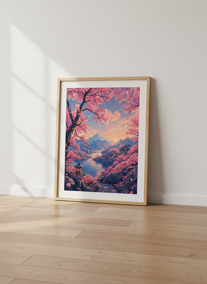 Japanese Cherry Blossom Mount Fuji Wall Art Print | Bedroom Decor | Pastel Zen Poster