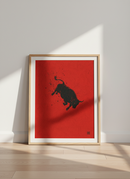 Bull Silhouette Wall Art | Red and Black Minimalist Poster, Office Decor Art