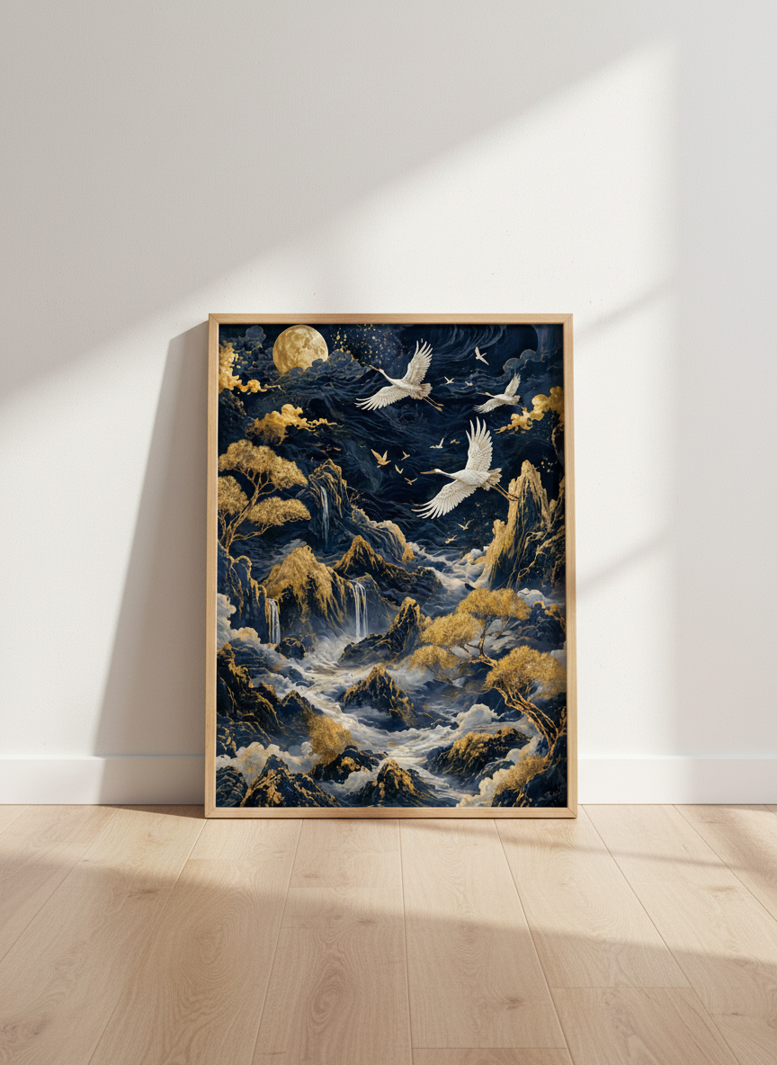 Japanese Crane Wall Art Print | Navy Gold Mountain Decor | Zen Landscape Poster