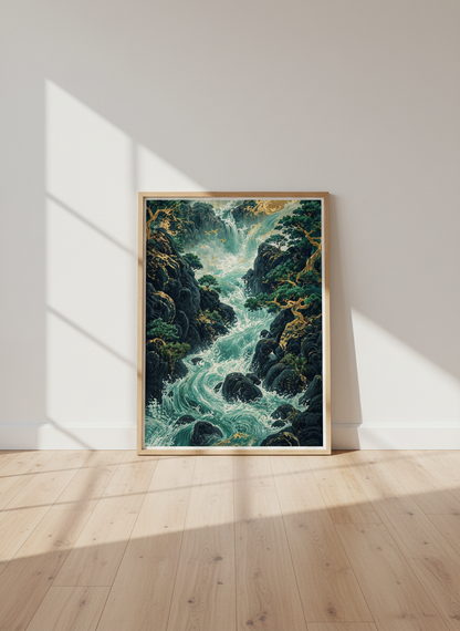 Japanese Waterfall Landscape Wall Art | Teal and Gold Nature Decor | Asian Zen Poster