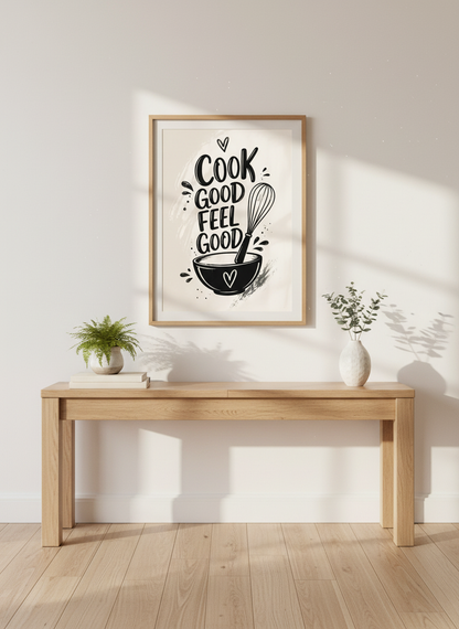 Kitchen Quote Art | "Cook Good Feel Good" Whisk Bowl Print, Bakery Decor