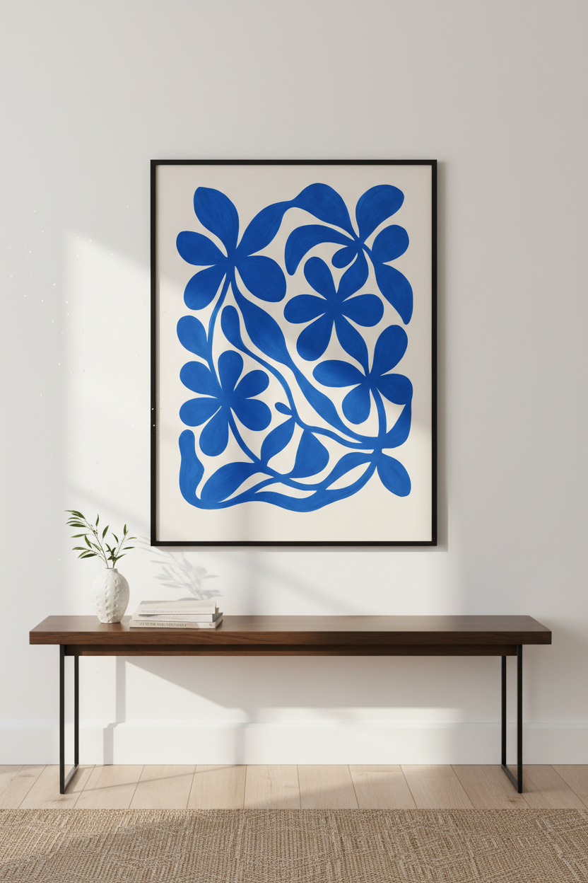 Abstract Floral Wall Art Print | Modern Blue Botanical Framed Art | Living Room Decor | Eclectic Gallery Wall Poster