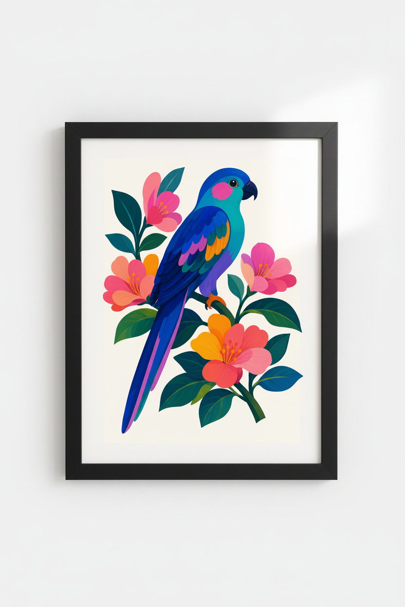tropical parrot art | vibrant botanical teal pink living room
