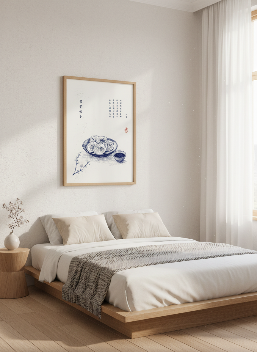 Chinese Dumpling Art | Minimalist Blue Ink Illustration, Kitchen &amp; Dining Wall Decor