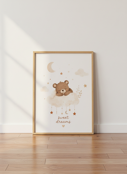 Sleeping Bear Nursery Wall Art | Boho Watercolor Poster, Sweet Dreams Baby Room Decor