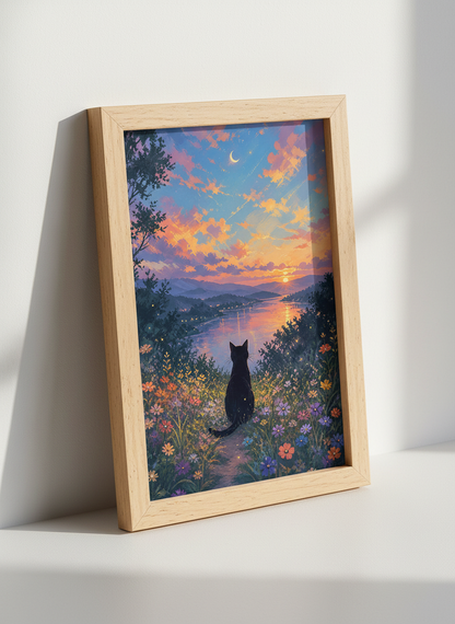 Black Cat Sunset Wall Art | Dreamy Floral Landscape Print | Whimsical Home Decor