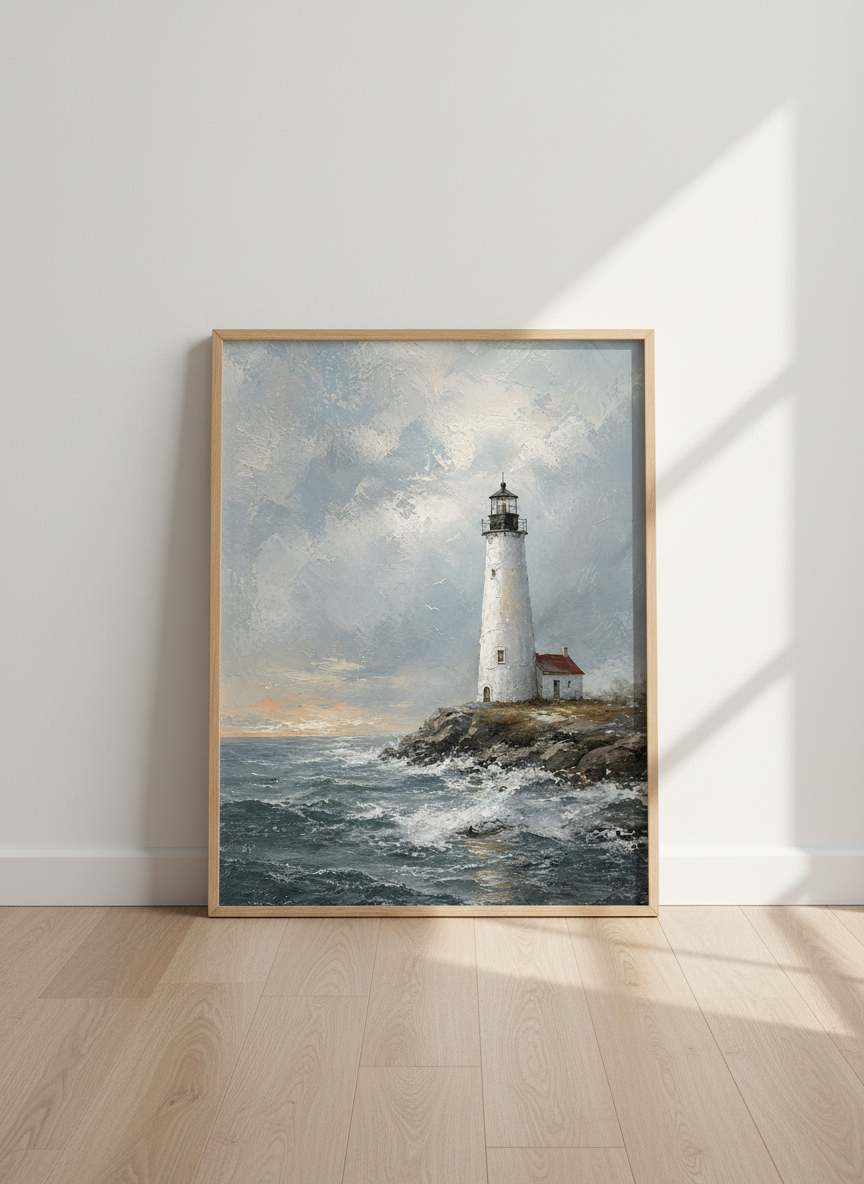 Lighthouse Oil Painting Print | Coastal Wall Art, Nautical Impressionist Poster
