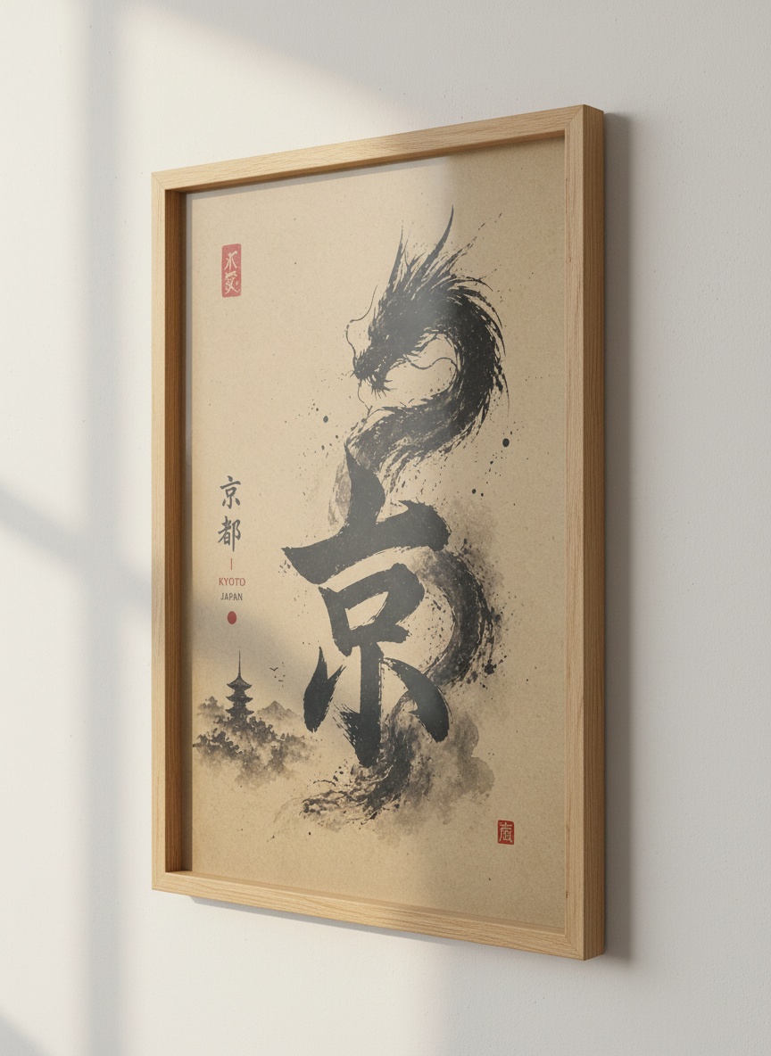Japanese Dragon | Kyoto Kanji Sumi-e Ink Art, Zen Asian Wall Decor Poster