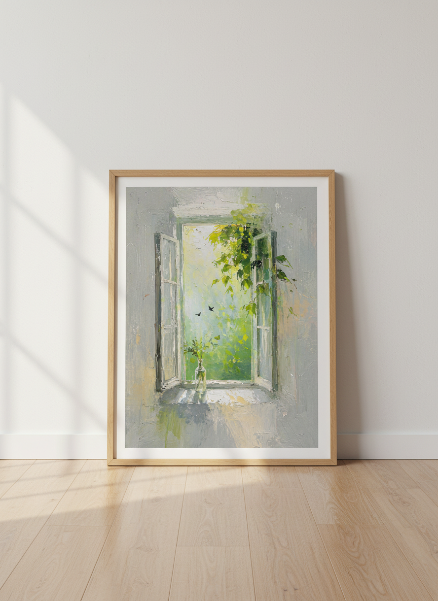 Open Window Garden Art | Impressionist Green Landscape, Living Room Decor