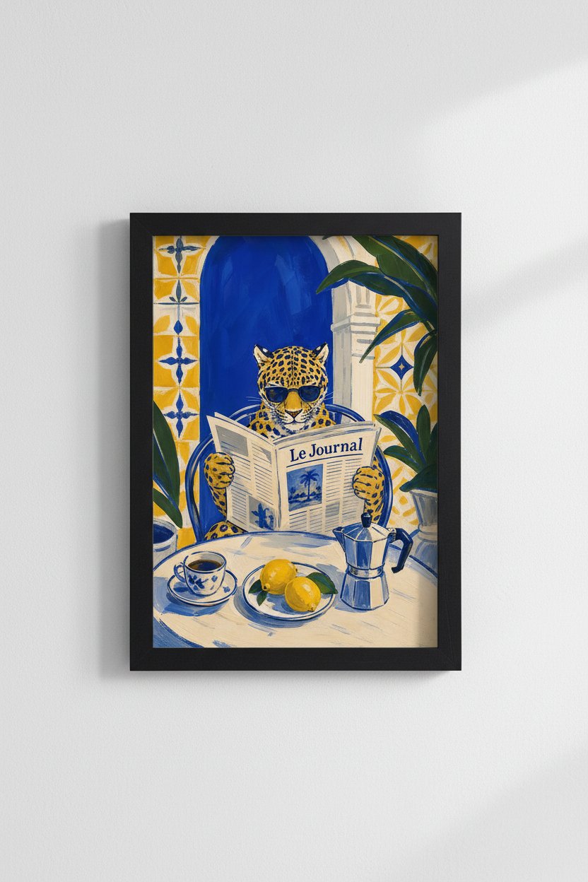 Leopard Wall Art Print | Mediterranean Blue Yellow, Kitchen Decor