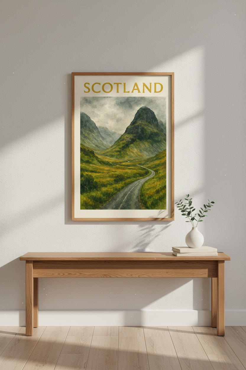 Glencoe Scotland Travel Poster - Watercolor Landscape Print, Misty Highland Wall Art, Scottish Mountain Valley Decor,A1 A2 A3 A4