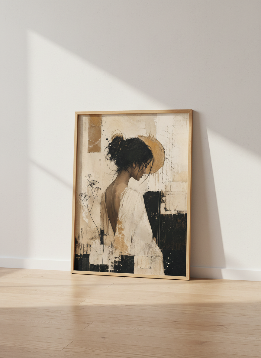 Abstract Woman Portrait | Neutral &amp; Gold Modern Art, Living Room Office Wall Decor