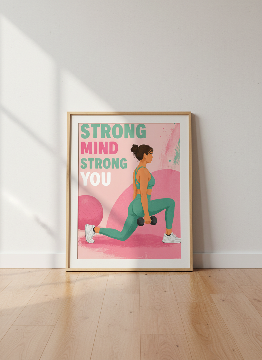 Strong Mind Fitness Wall Art | Pink Teal Gym Decor | Motivational Poster