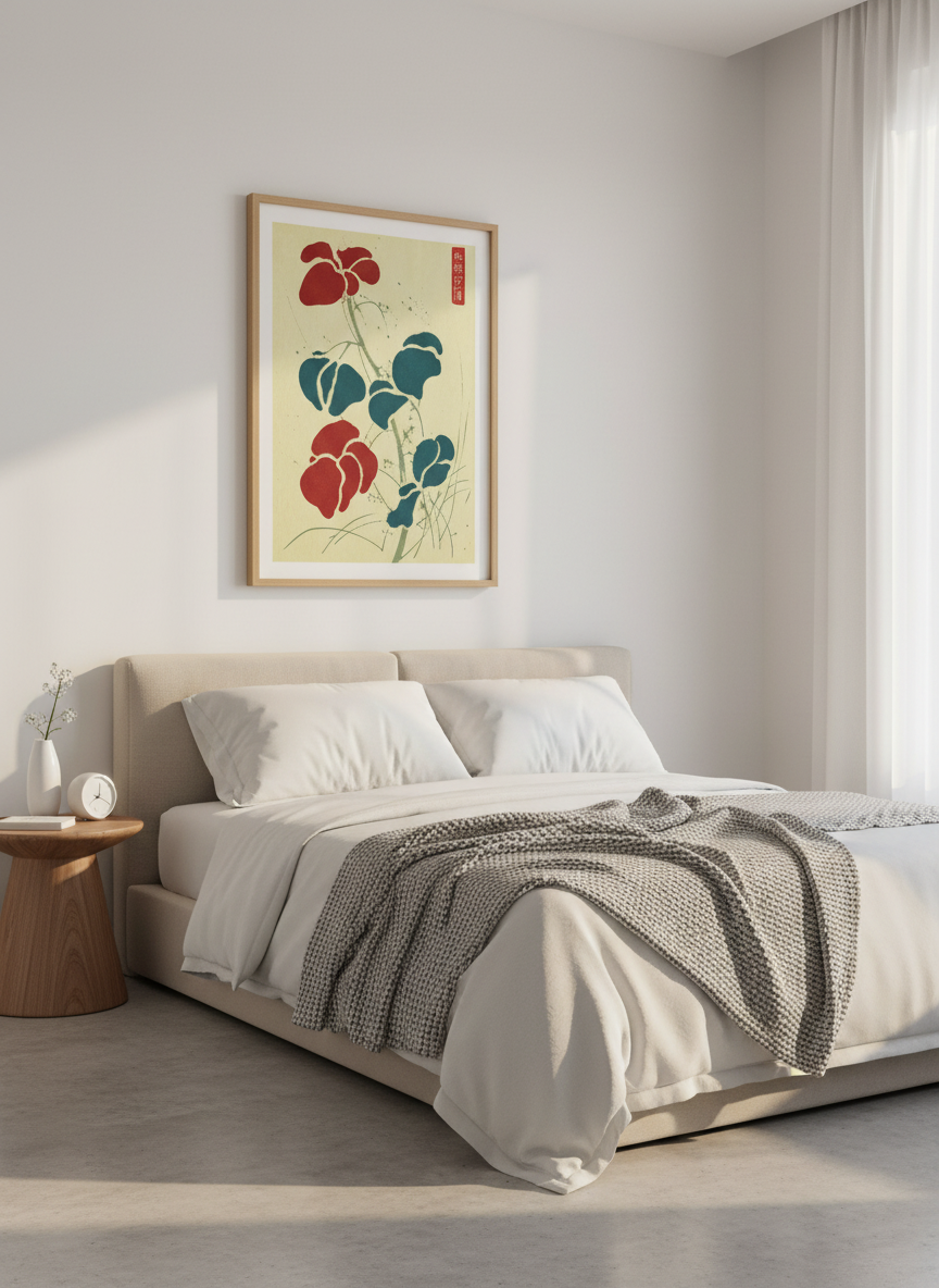 Japanese Woodblock Floral Wall Art | Red &amp; Teal Botanical Print, Japandi Decor